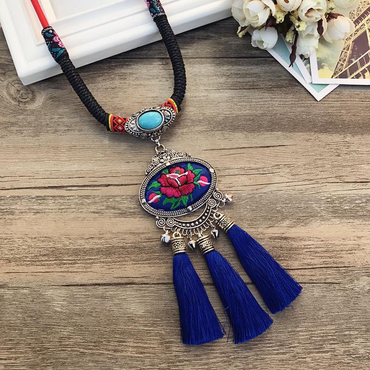Retro Long Fashion Classical Embroidery Fringed Necklace Temperament Wind Chimes Pendant Miao Sweater Chain Accessories