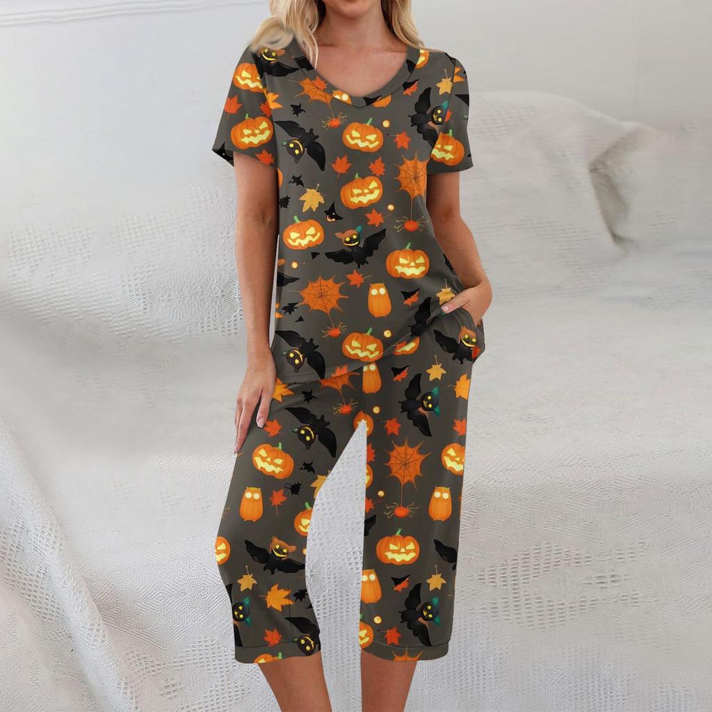 Conjuntos de 2 piezas para mujer Top de manga corta y pantalones con bolsillos Conjuntos suaves de entrenamiento con estampado de Halloween