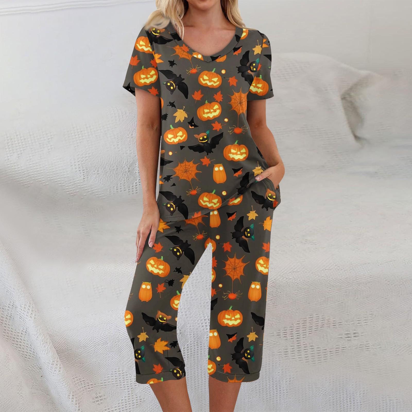 

2 Piece Sets For Women Short Sleeve Top And Pants With Pockets Workout Soft Halloween Print Sets XL