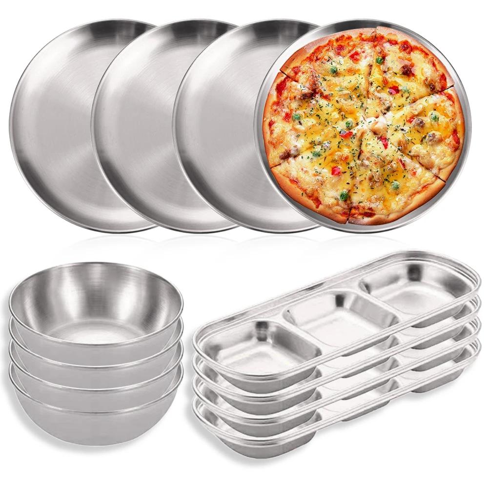 

12Pcs/Set Stainless Steel Gold Seasoning Dish Barbecue Plate Round Fruit Plate Cake Tray BBQ Flat Bottom Shallow Tray Tableware серебряный