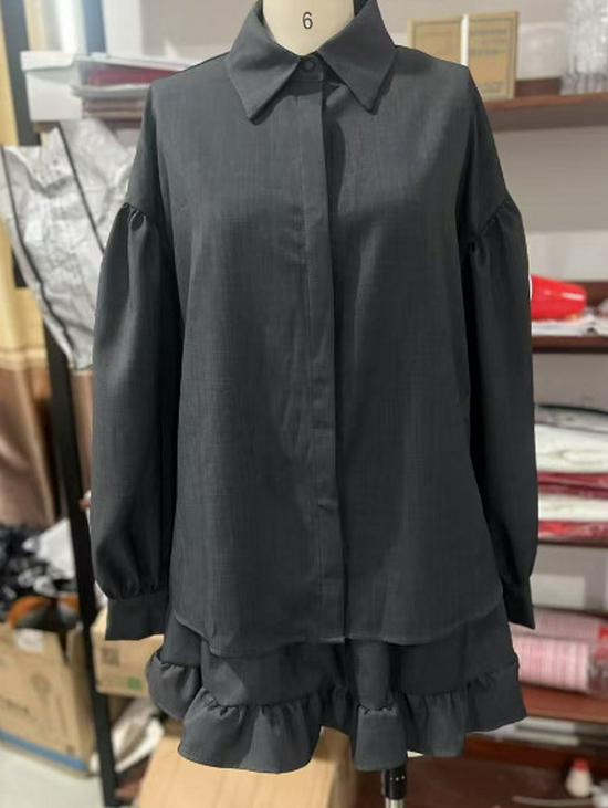 Set Cămașă cu Guler Turn-Down Europeană și Americană Cross-Border Primăvară/Vară 2025 și Mini-fustă cu Volane la Tiv