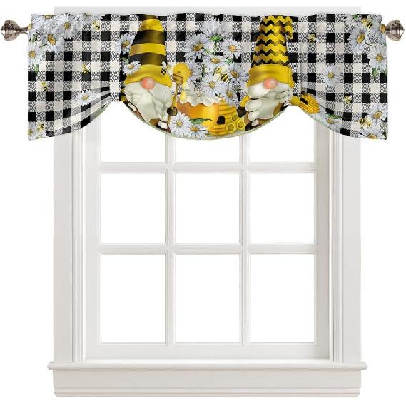 

Подвязанные ламбрекены для кухонных окон Летний гном Пчела Ромашка Мед Ретро Черная клетка Регулируемый ламбрекен с завязками, Ламбрекен-драпировка с карманом для штанги для 12 W x 42 L (Pack of 1)