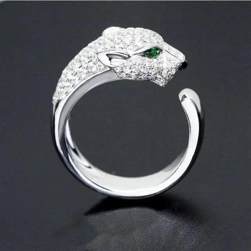 Stylish White Gold Micro-Set Zirconia Open Ring With Fierce Leopard Head Design For Men And Women