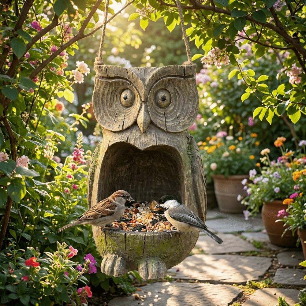 Resin Owl Bird Feeder Handicraft Realistic Tree Mounted Bird Feeder Waterproof Weather Resistant Tree Face Bird Feeder Backyard