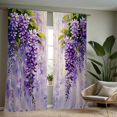 2pcs Vintage Grape Sunflower Rose Leaf Design Semi-Transparent Curtains for Living Room Bedroom Window Rod Pocket for Home Decor