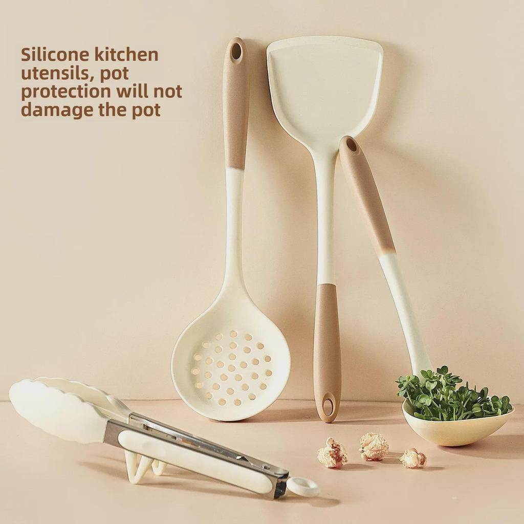 4-Piece Silicone Cooking Set: Spatula, Food Clip, Soup Spoon, Non-Stick. Perfect for Household Kitchenware.
