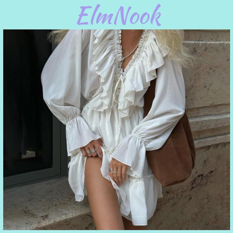 V Neck Ruffle Mini Deep White Dress Women Long Sleeve High Waist Slim Aline Dresses Female Holiday Casual Loose Vacation Dress Woman 2024