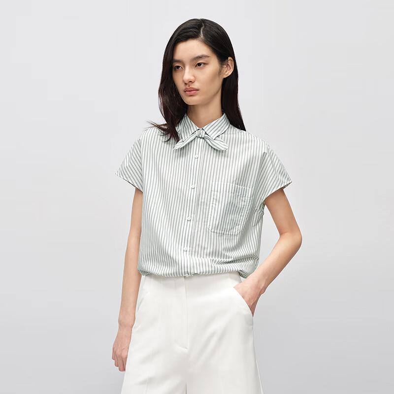 OVVOVV Women s Spring/Summer Striped Bow Short Sleeve Shirt S