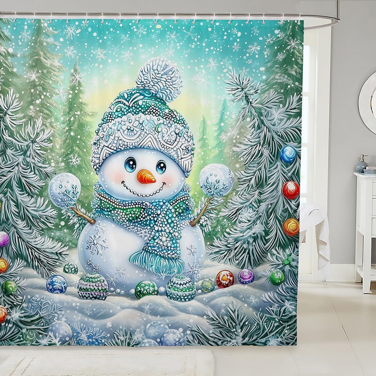 

GAEChristmas Happy Santa Claus Shower Curtain Red Xmas Decorations Fabric Shower Curtain,White Snowflake Bathroom Shower Curta 90x180cm