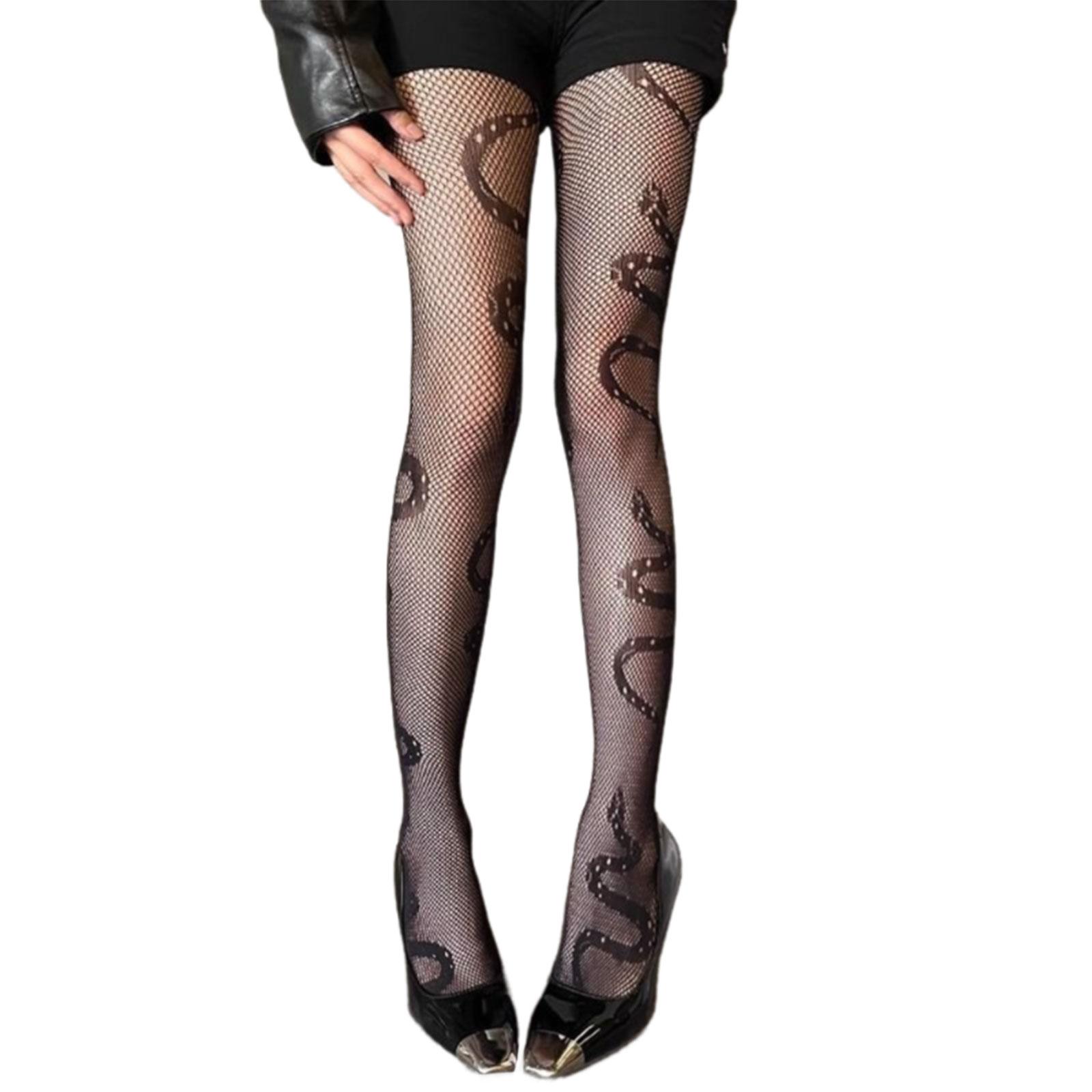 Womens Trendy Hollowout Fishnet Leggings Stretchy Waist Soft Sheer Pantyhose Snake Print Tights For Fashionable Outfit 1 чёрный