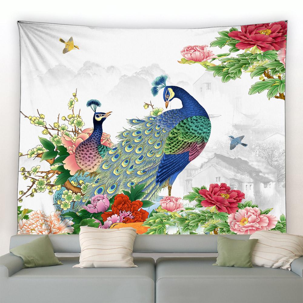 Cute Peacock Tapestry Peony Flower Butterfly Bird Wall Hanging Chinese Landscape Painting Tapestry for Living Room Bedroom Decor