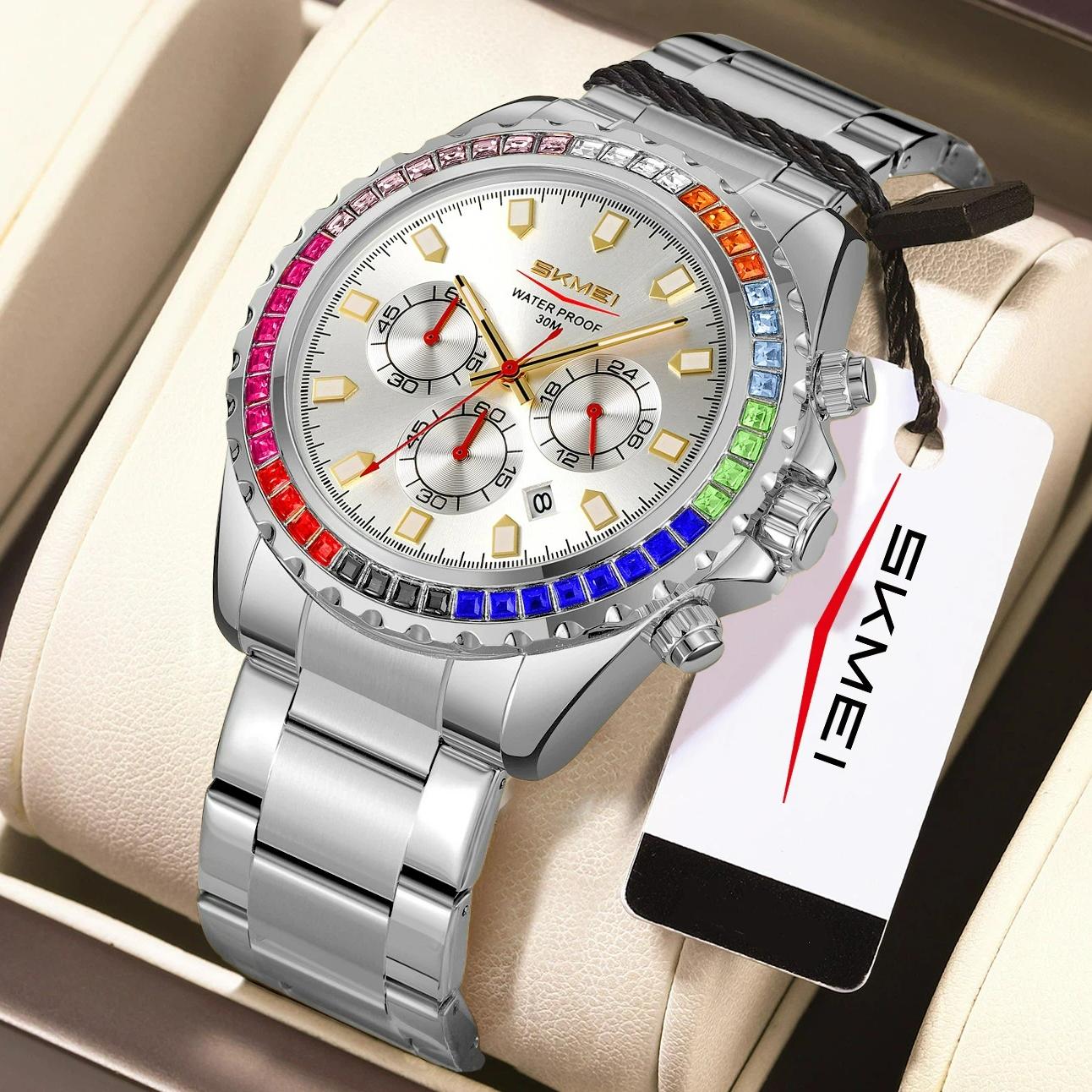 

Men s SKMEI Luxury Wristwatch Chronograph Stainless Steel Strap Dazzling Diamond Encrusted Bezel Waterproof Luminous Quartz Watch білий/срібний