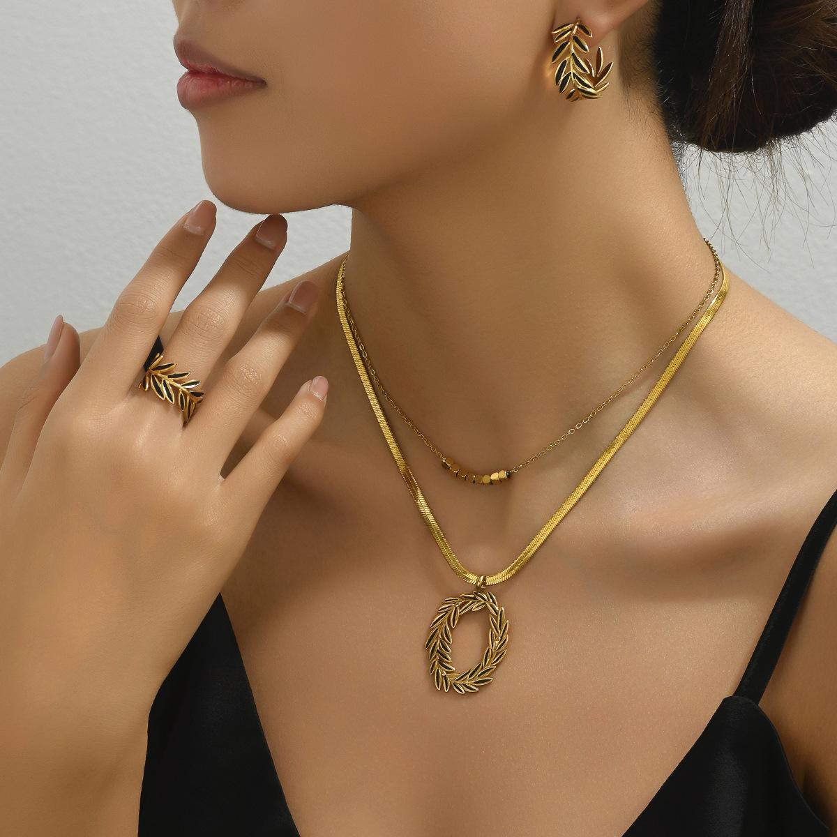 

Стильное и простое по стилю кольцо, женское ожерелье, комплект украшений, дизайн в виде листьев, стекающих с масла, серьги, длинная цепочка.