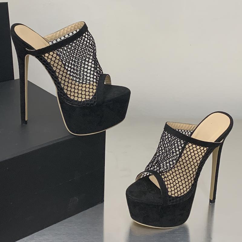 Eilyken Fashion Summer Mesh Detachable Strap Sandals Slippers Women's Banquet Nightclub Platform Thin High Heels Slide Shoes