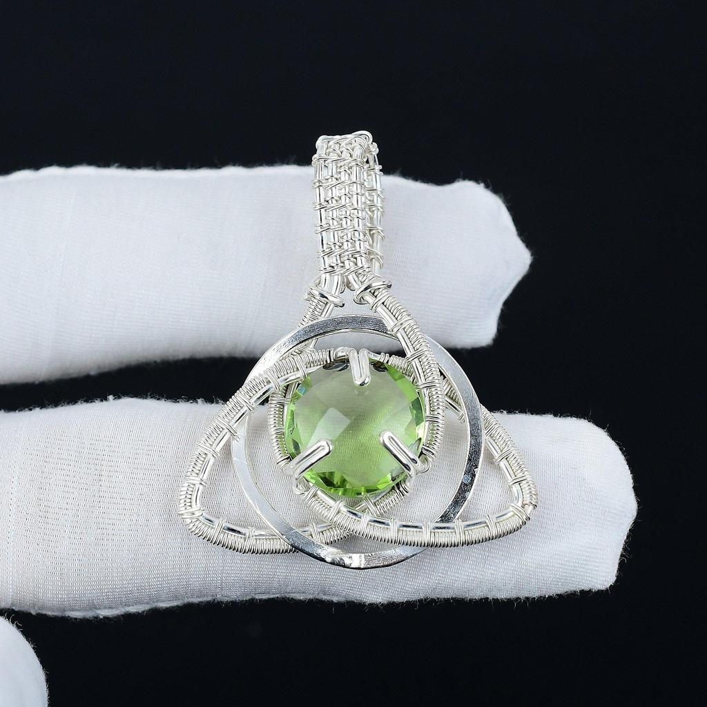 Peridot Gemstone Silver Pendant in 925 Sterling Silver- Handmade Design, Celtic Family Knot Wire Wrapped Everyday Jewelry, Gift For Moom