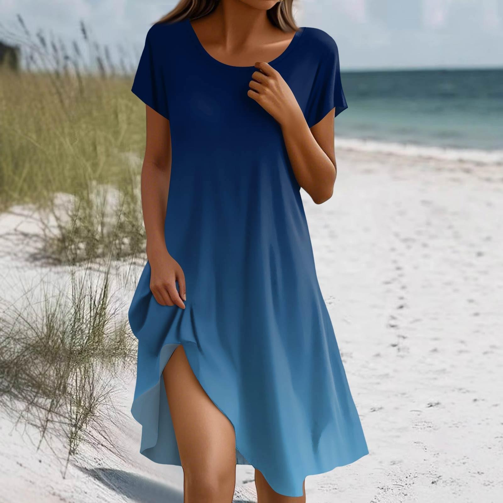 

Платье в стиле бохо с коротким рукавом для женщин, повседневное, свободного кроя, летнее, сарафан с цветочным принтом и карманами L синий