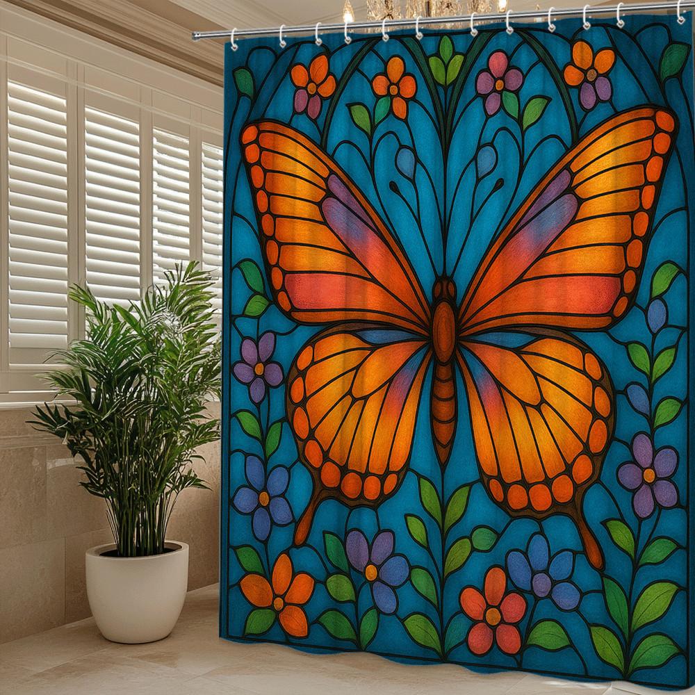 Stained Glass Butterfly Shower Curtain Colorful Art Design Floral Pattern Elegant Bathroom Decor Waterproof Non-Toxic Material