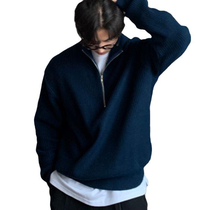 Herren Strickjacke im koreanischen Stil mit halbem Reißverschluss: Herbsttrend, gutaussehender & vielseitiger Strick-Rollkragenpullover mit Stehkragen.
