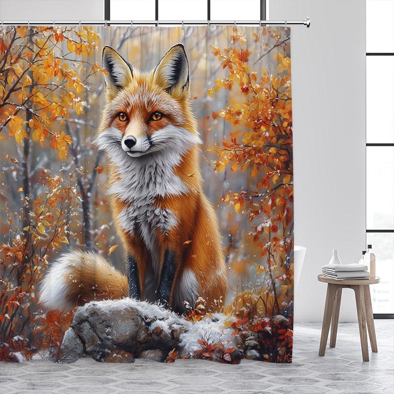 Funny Fox Shower Curtain Autumn Forest Maple Leaves Animal Fall Art Scenery Bath Curtains Fabric Home Bathroom Decor with Hooks