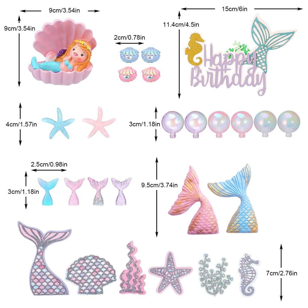 The Sea Cake Toppers Set with Little Resin 3D Mermaid Seaweed Bubble Starfish Shell Mermaid Tail Cupcake Picks