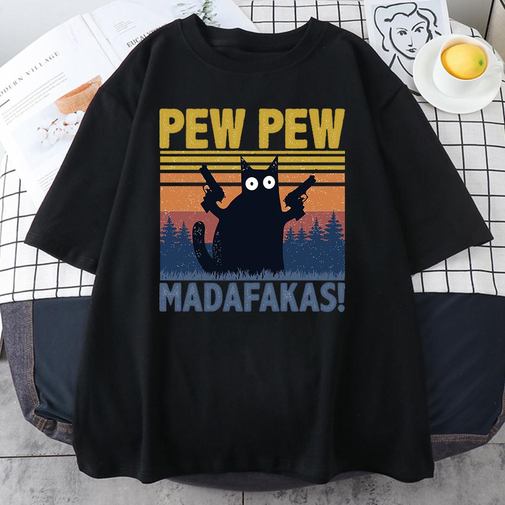Pew Madafakas Black Cat Print Male Cotton Tee Clothing Personality Vintage Cotton TShirts Casual Trend Tops Unisexs Short Sleeve