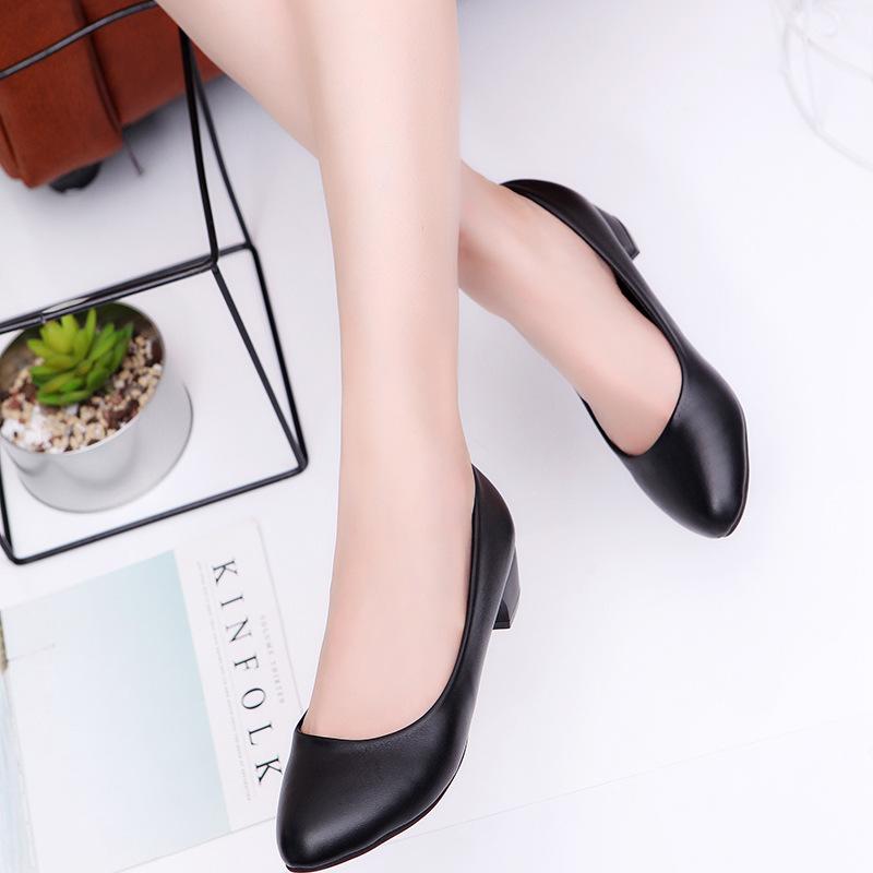 New Black Round Head High Heels Thick Heel Shallow Mouth Single Shoes Women's Professional Large Size Work Leather Shoes