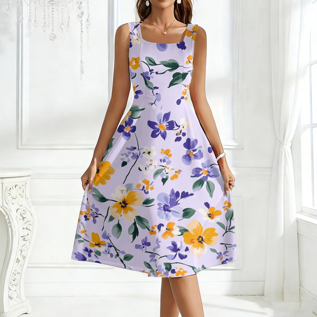 Ladies' Square Neck Floral Sleeveless Dress with a Large Swing