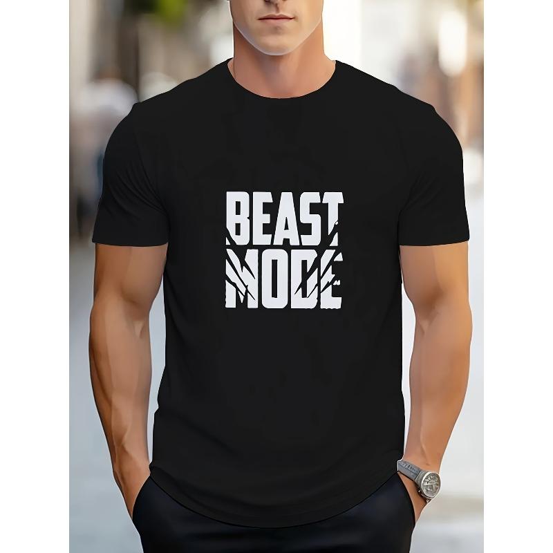 Pánské ležérní tričko s grafikou "Beast Mode" - Černé, Kulatý výstřih, Krátký rukáv, Běžný střih, Ležérní oblečení|Výrazná grafika|Pružná tkanina