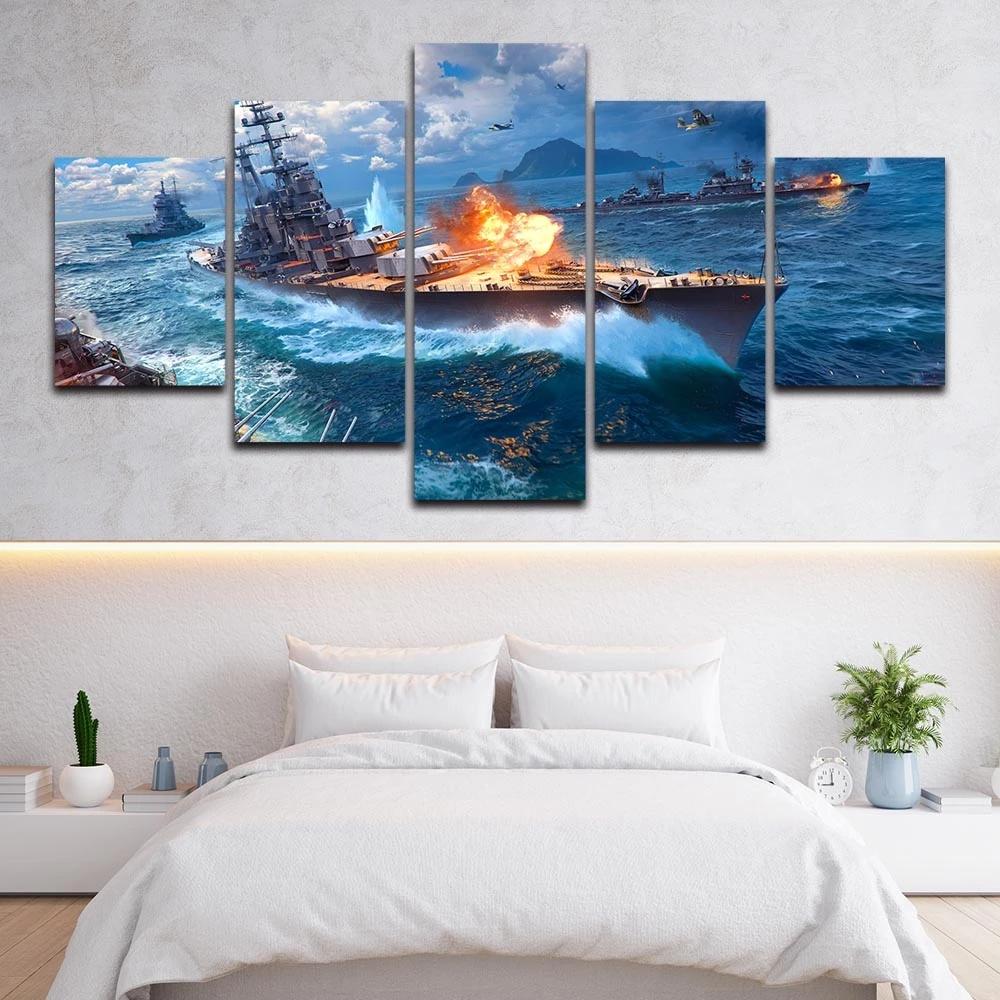 Prints HD Sea View Pictures Modular 5 Pcs World of Warships Poster Canvas Painting Living Room Home Decoration No Frame Wall Art