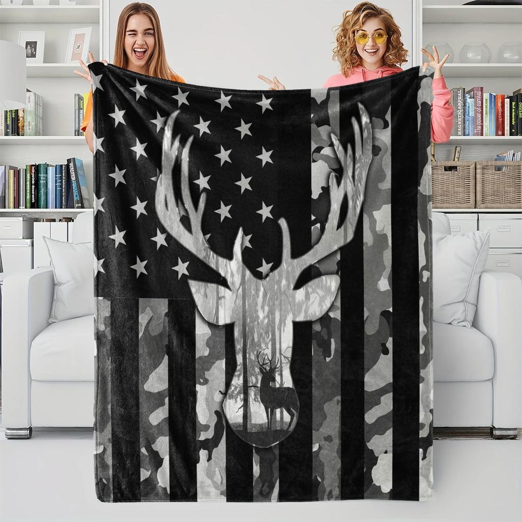 Flag Deer Printed Blanket,Soft Cozy Flannel Bed Blanket/Couch Blanket/Decorative Blanket/Camping Blanket,Perfect Holiday Gifts