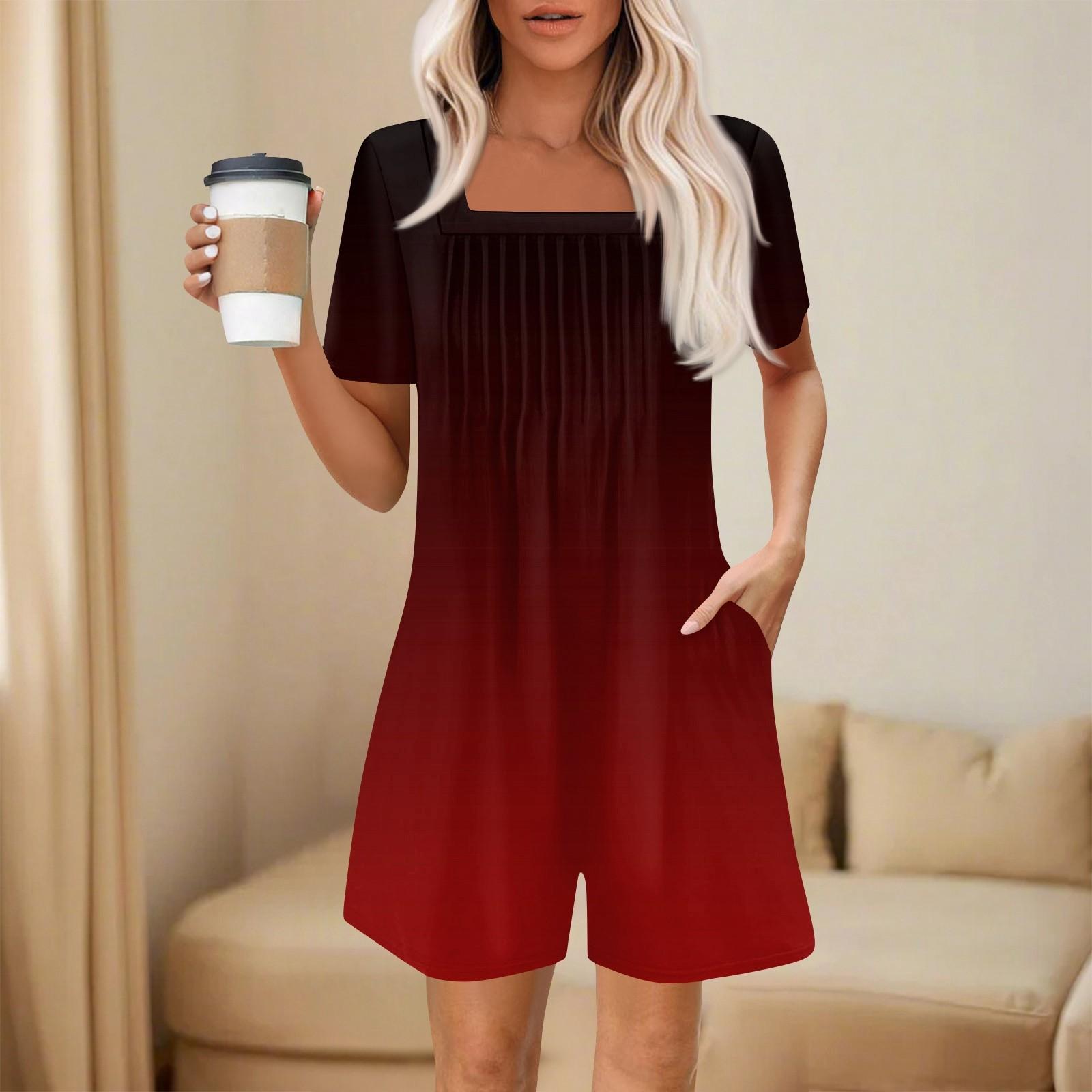

Женский модный и повседневный комбинезон с короткими рукавами и карманами, принтованный комбинезон-шорты XXL винный