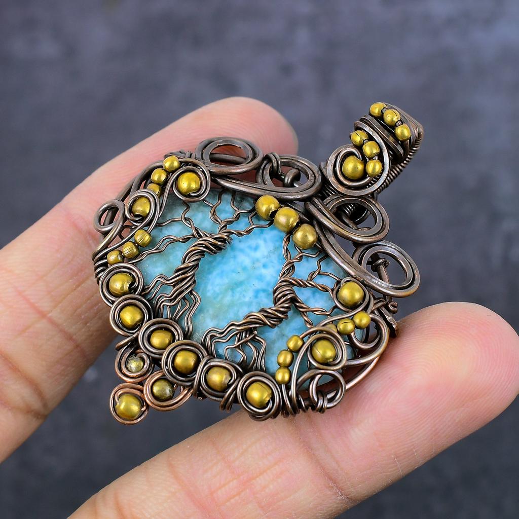 Republic Larimar Handmade Copper Wire Wrap Tree Of Life Gift Pendant 2.28" E0o63