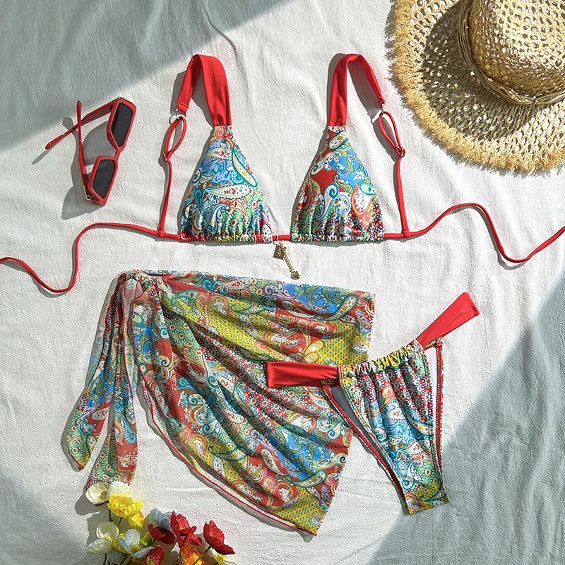 Printed with Sarong High Cut Leg Bikini Women Swimwear Female Swimsuit Three-pieces Bikini Set Bather Bathing Suit Swim