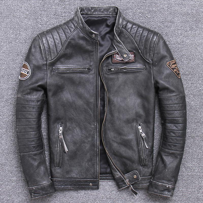 Fashion Biker Jackets Vintage Men's Genuine Leather Jacket Slim 100% Natural Cowhide Coat Real Leather Motorcycle Biker Clothing