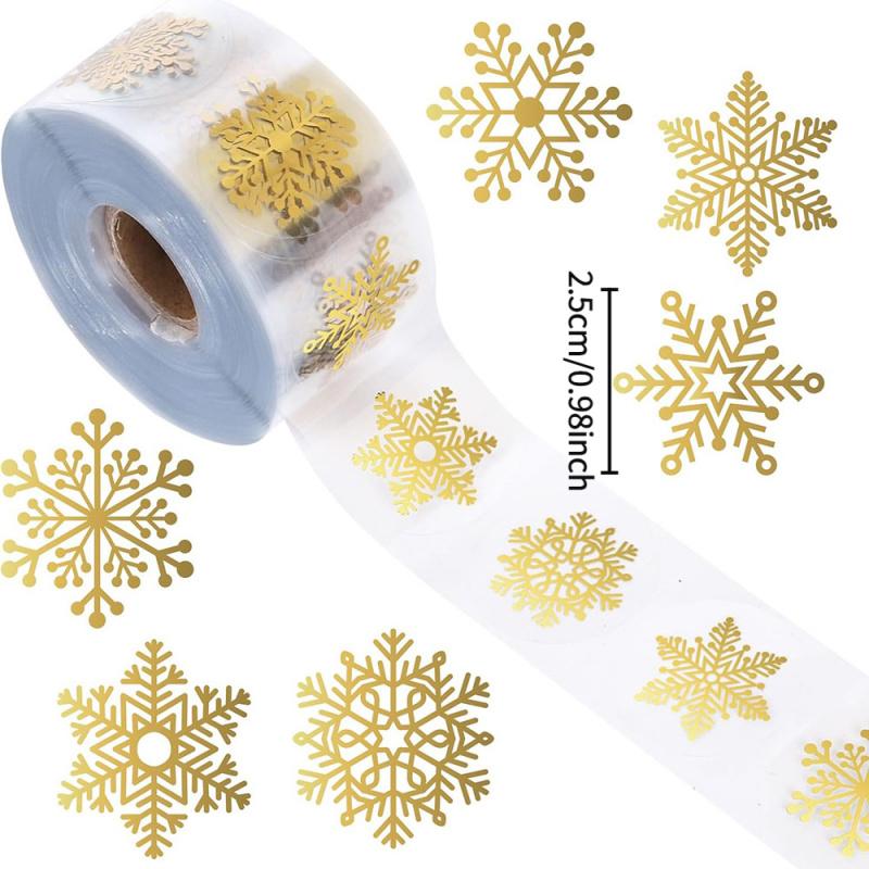 1 roll of Christmas gold snowflake sticker, transparent circular gold printed snowflake sticker, suitable for Christmas and winter envelope stickers