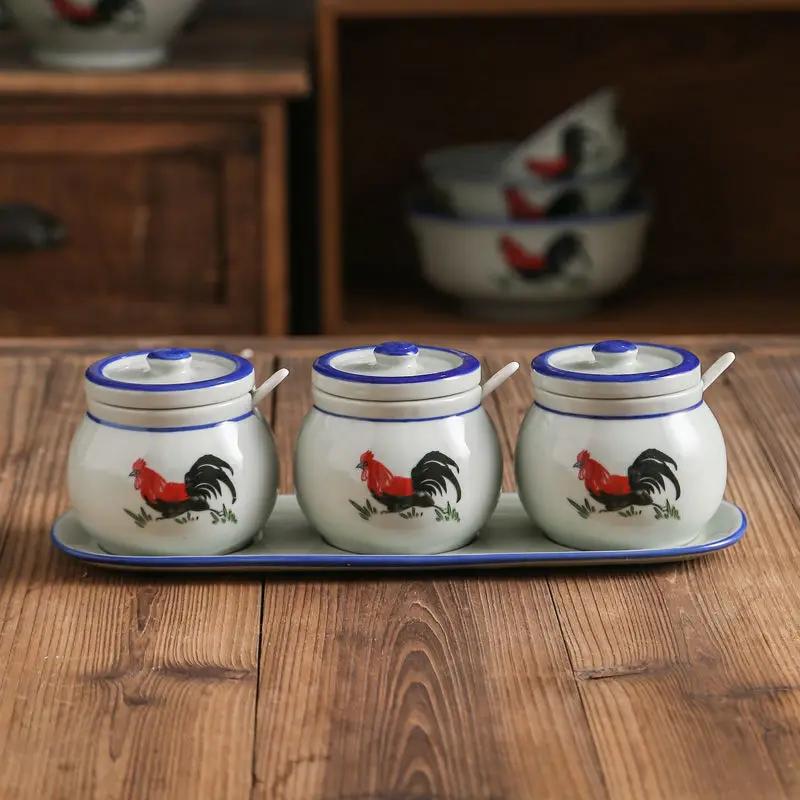 Retro Ceramic Rooster Seasoning Jar Salt and Monosodium Glutamate Seasoning Jar Household Kitchen with Lid Spoon