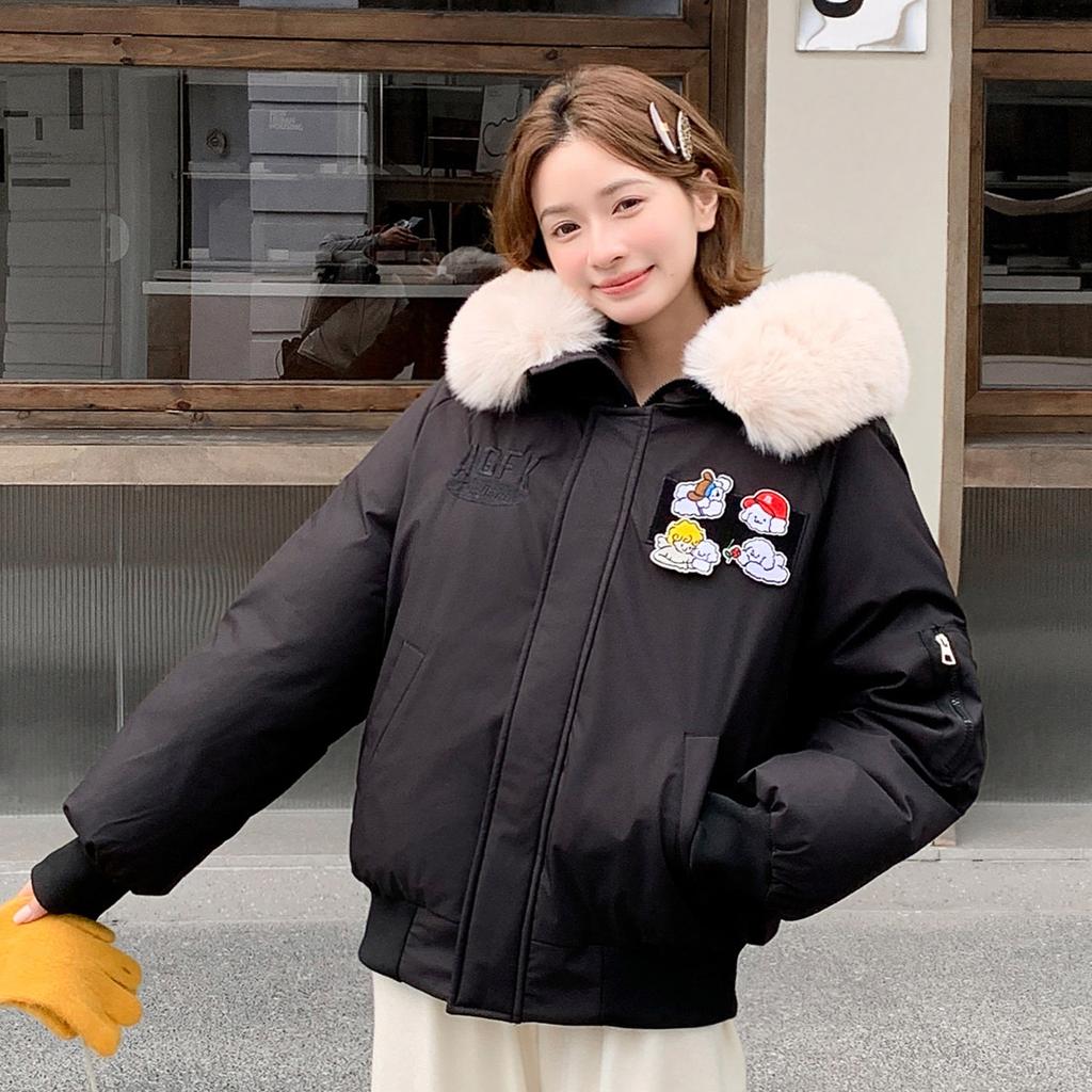 Short cartoon cotton clothes women's hooded big fur collar design winter loose warm jacket multi-colored women's clothing