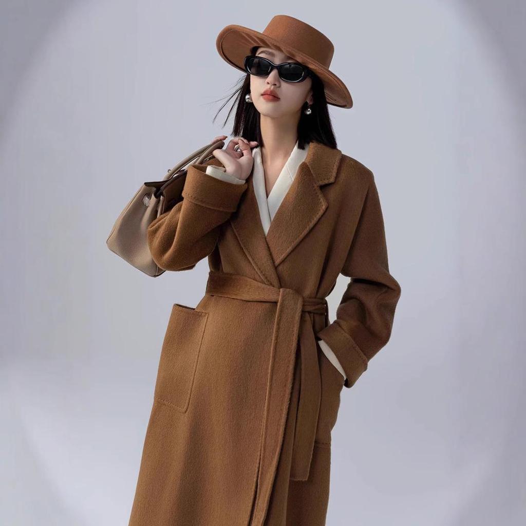 Petite Women's Mid-Length Camel Wool Coat - Loose Double-Faced Cashmere with Tie-Waist for Autumn and Winter.