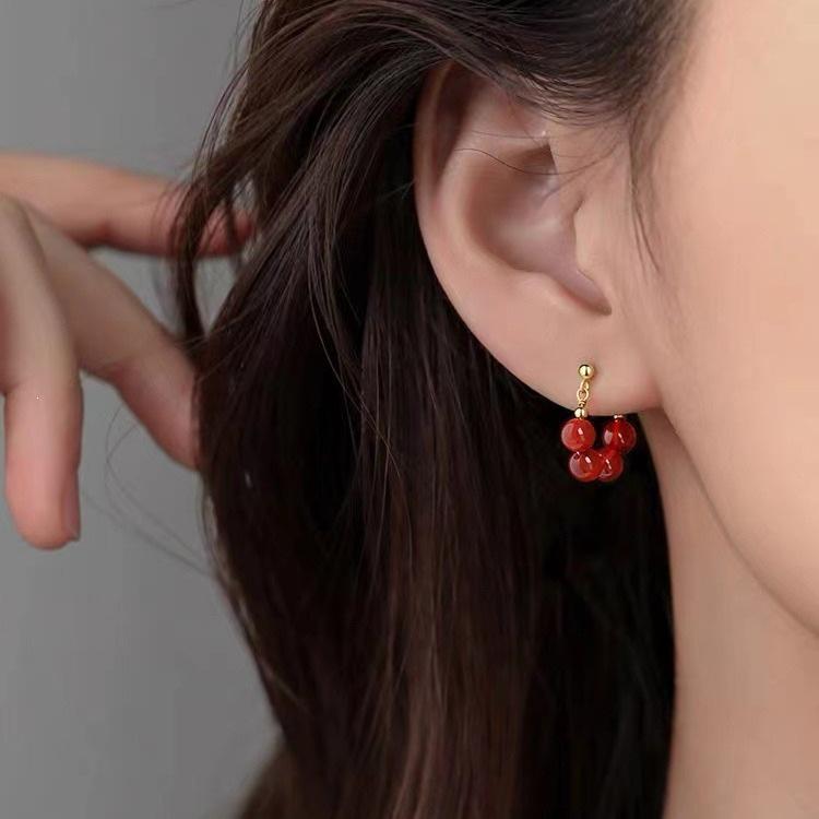 2023 Light Luxury Red Bead Stud Earrings for Women - 925 Sterling Silver