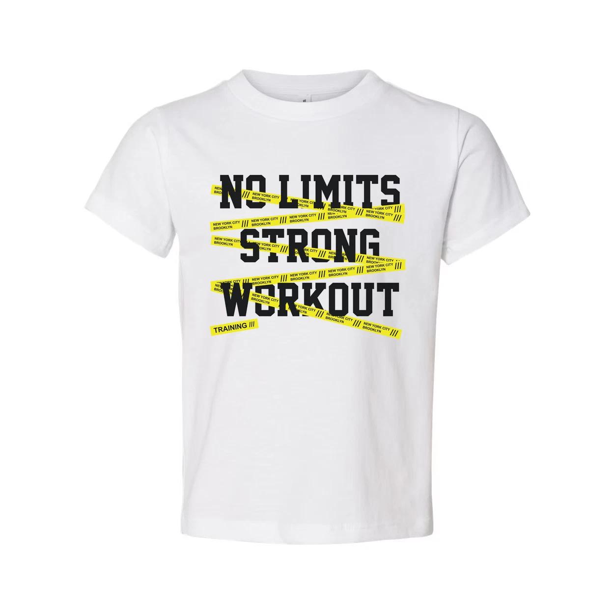 

No Limits Strong Workout Unisex T Shirt With Yellow Caution Tape Graphic For Tra L