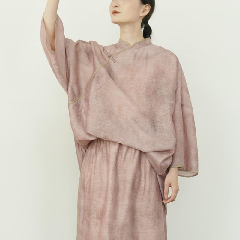 Johnature Women Chinese Style Shirts Solid Color Stand Tops Vintage Blend Summer Blouses Seven Sleeve Button Shirts