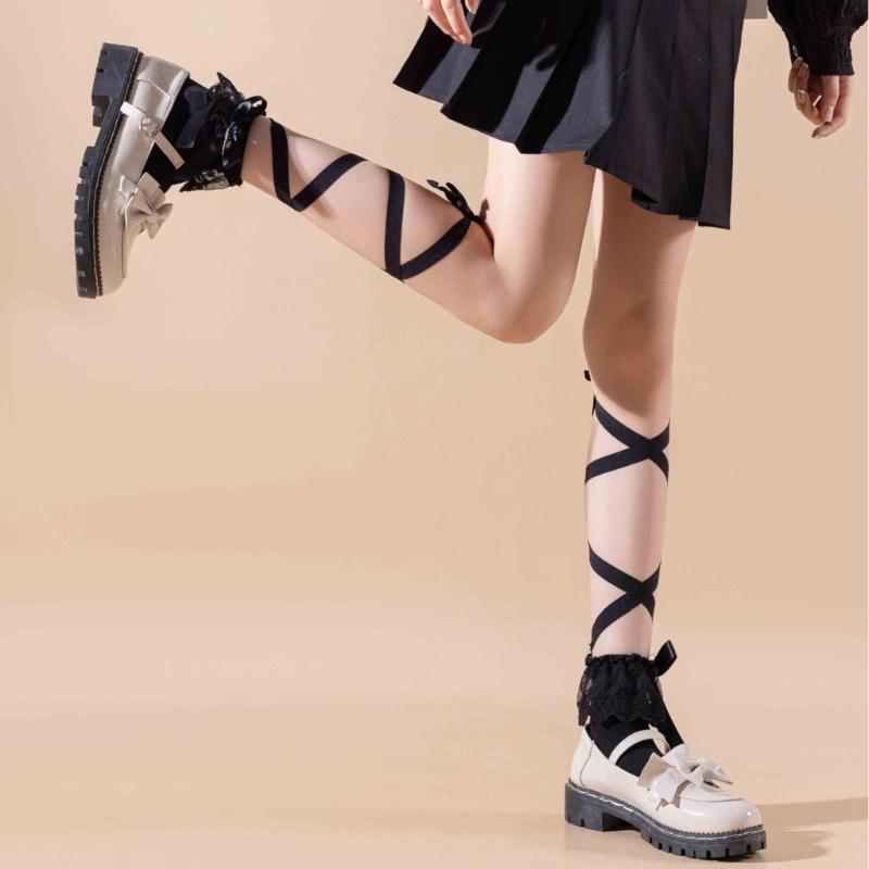 Women Japanese Ballet JK Sweet Ruffle Lace Cotton Crew Socks Elegant Ribbon Tie Bandage Solid Color Ankle Socks Hosiery