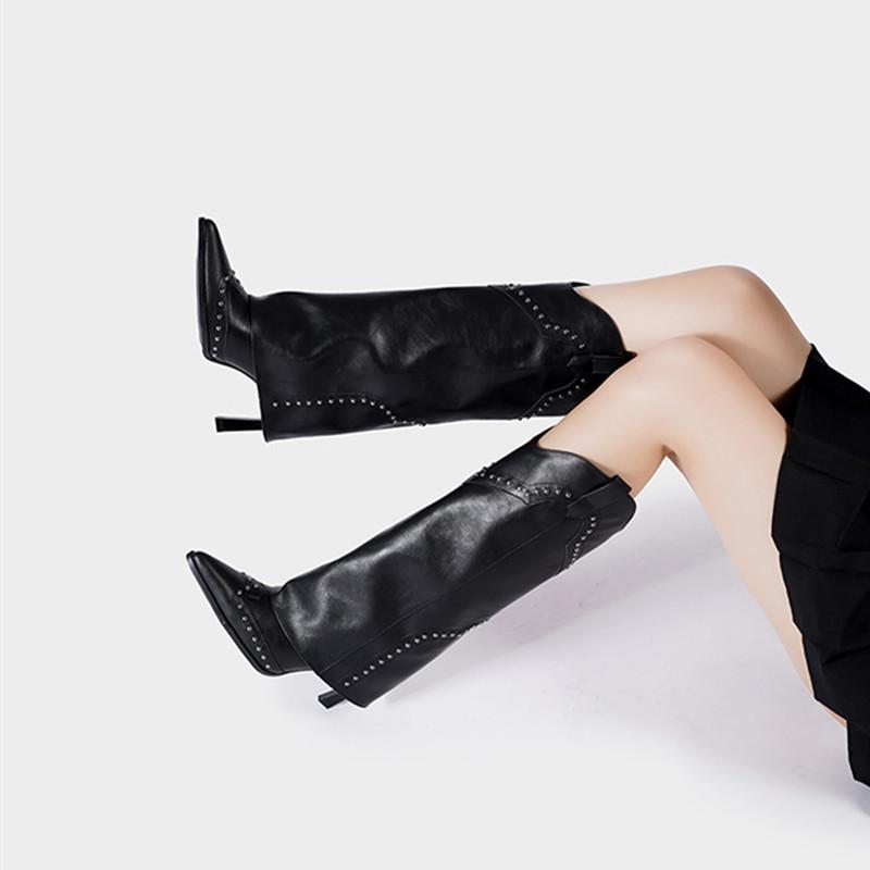 Fashion Vintage Autumn Winter Rivet Women Knee-high Boots Fashion Soft Leather Thin High heels Western Knight Long Booties Casual Shoes