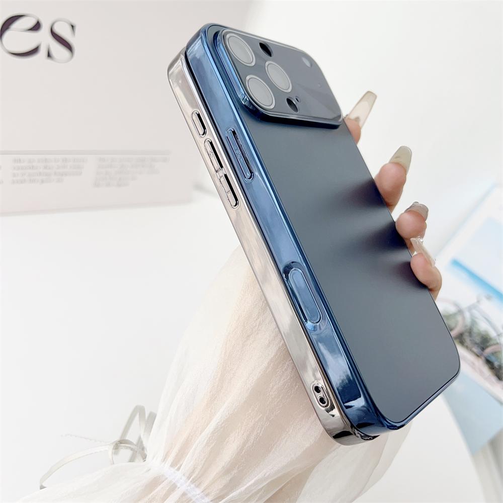Glass Large Window Lens Protect Case For iPhone 17 16 15 14 13 12 Pro Max Plus Solid Color Shockproof Phone Cover Coque