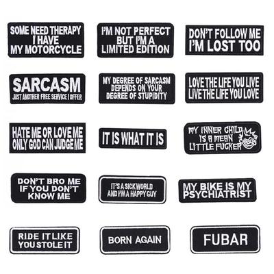 Humorous Black & White Embroidered English Letter Patches for Clothing