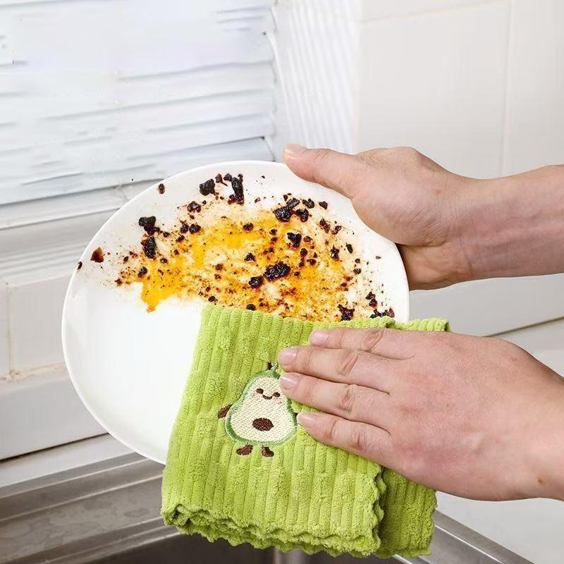 4-Pack Cartoon Avocado Pattern Thickened Polyester Rag Kitchen Dish Cloth Cleaning Cloth Embroidered Towel Absorbent Square Towe