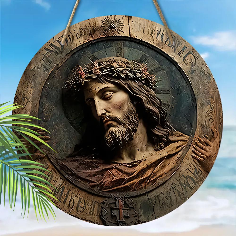 Jesus Christ Crown of Thorns Round Wooden Hanging Sign, 2D Flat Wooden Religious Wall Decor