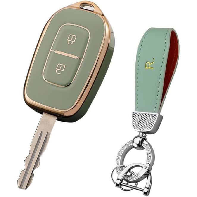HIBEYO Soft TPU Key Fob Cover with Keychains for Renault Duster Kwid Dacia Sandero Master Megane Logan Key Case Shell 2 Buttons-Black
