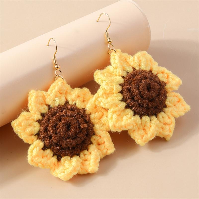 Fashion Colorful Flower Drop Earrings for Women Handmade Knitted Flower Dangle Hooks Earrings Girls Party Holiday Jewelry Gifts