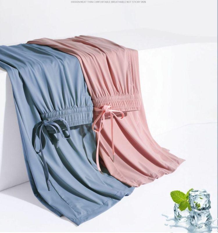 Plus Size Women's High-Waisted Wide-Leg Ice Silk Summer Pants with Split Drape and Sun Protection.